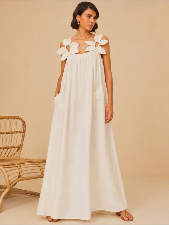 FARM Rio Dresses & Skirts - FARM Rio White Floral Details Linen-Blend Maxi Dress – NWT